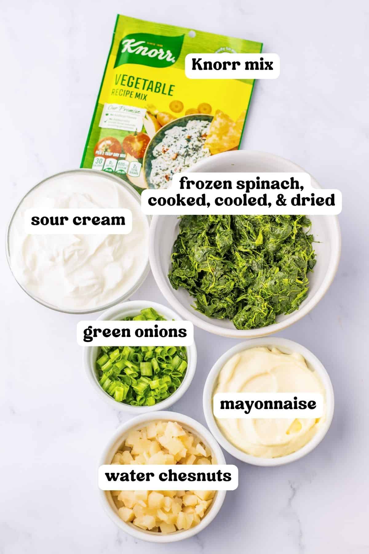 Knorr vegetable recipe mix packet, frozen chopped spinach, sour cream, mayonnaise, chopped green onions, and water chesnuts.