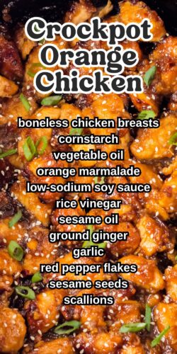 Crockpot orange chicken pin with ingredients listed.