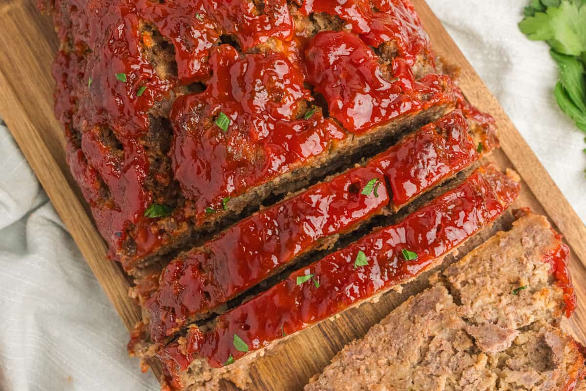Sliced onion soup meatloaf with a sweet ketchup glaze.