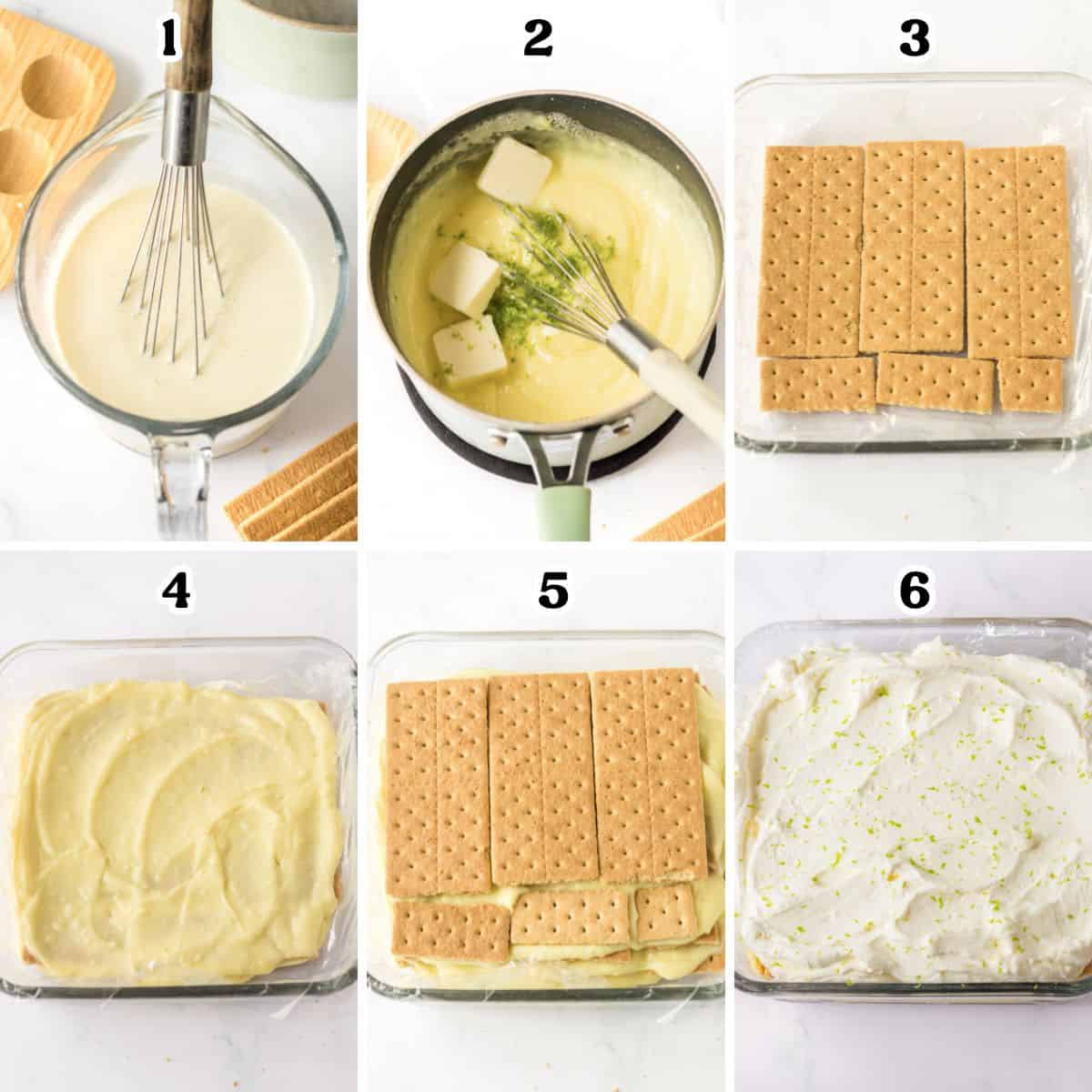 6 image collage of steps to make key lime cake. 1: whisk egg yolks and cream, 2: lime zest and butter added to pot of custard mixture, 3. layer graham crackers in bottom of dish in a single layer, 4: top with key lime custard, 5: add layer of graham crackers, 6: top with homemade whipped topping.