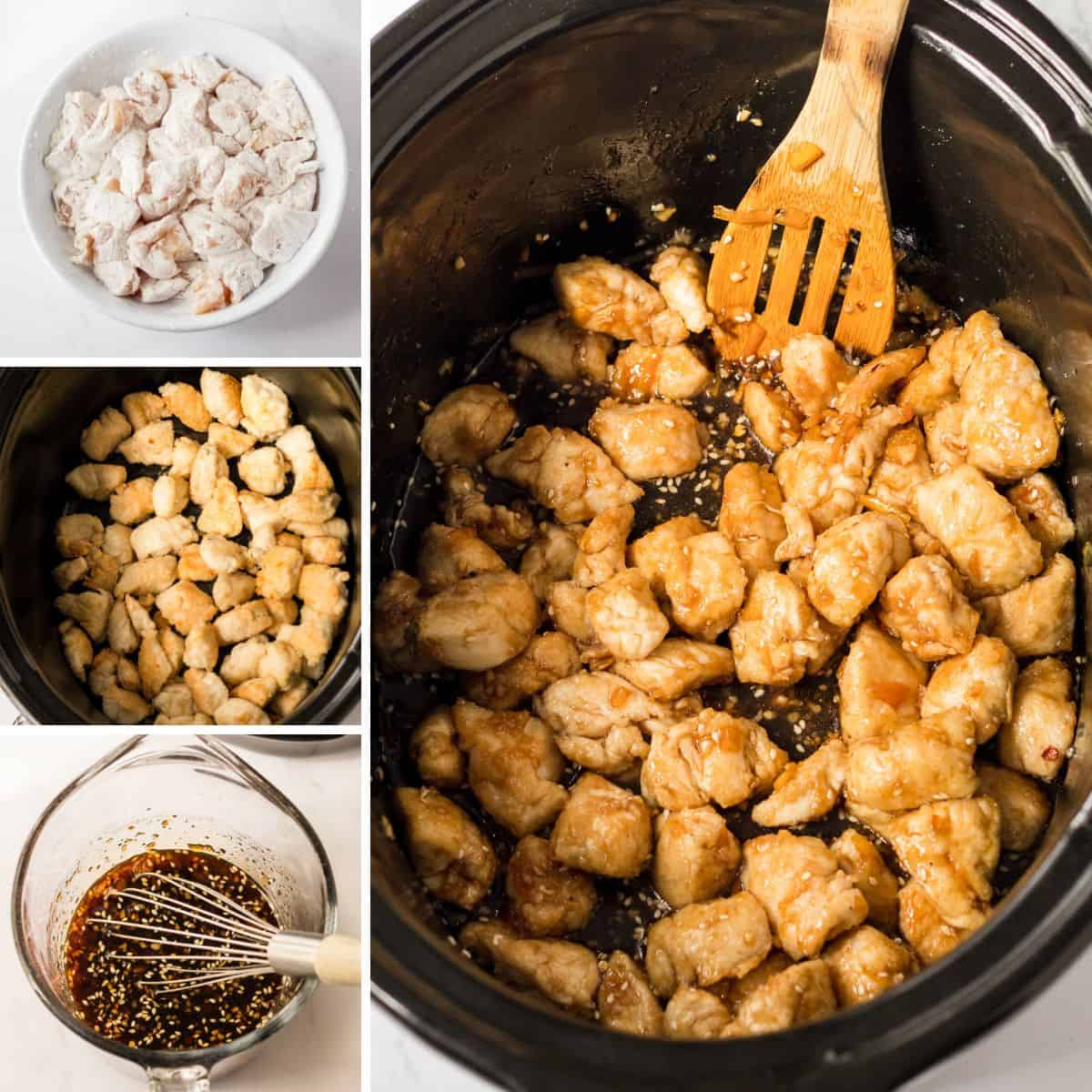 Four image collage of steps to making orange chicken in the crockpot. 1: toss chicken pieces in cornstarch. 2: brown chicken and place in slow cooker. 3: Whisk sauce ingredients together in bowl. 4: Add sauce to slow cooker and toss to coat.