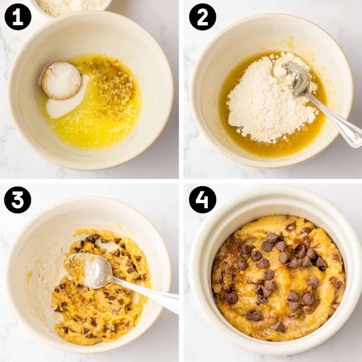 4 image collage of ingredients for chocolate chip microwave cookie being combined in a mixing bowl and transfeerd to a ramekin.