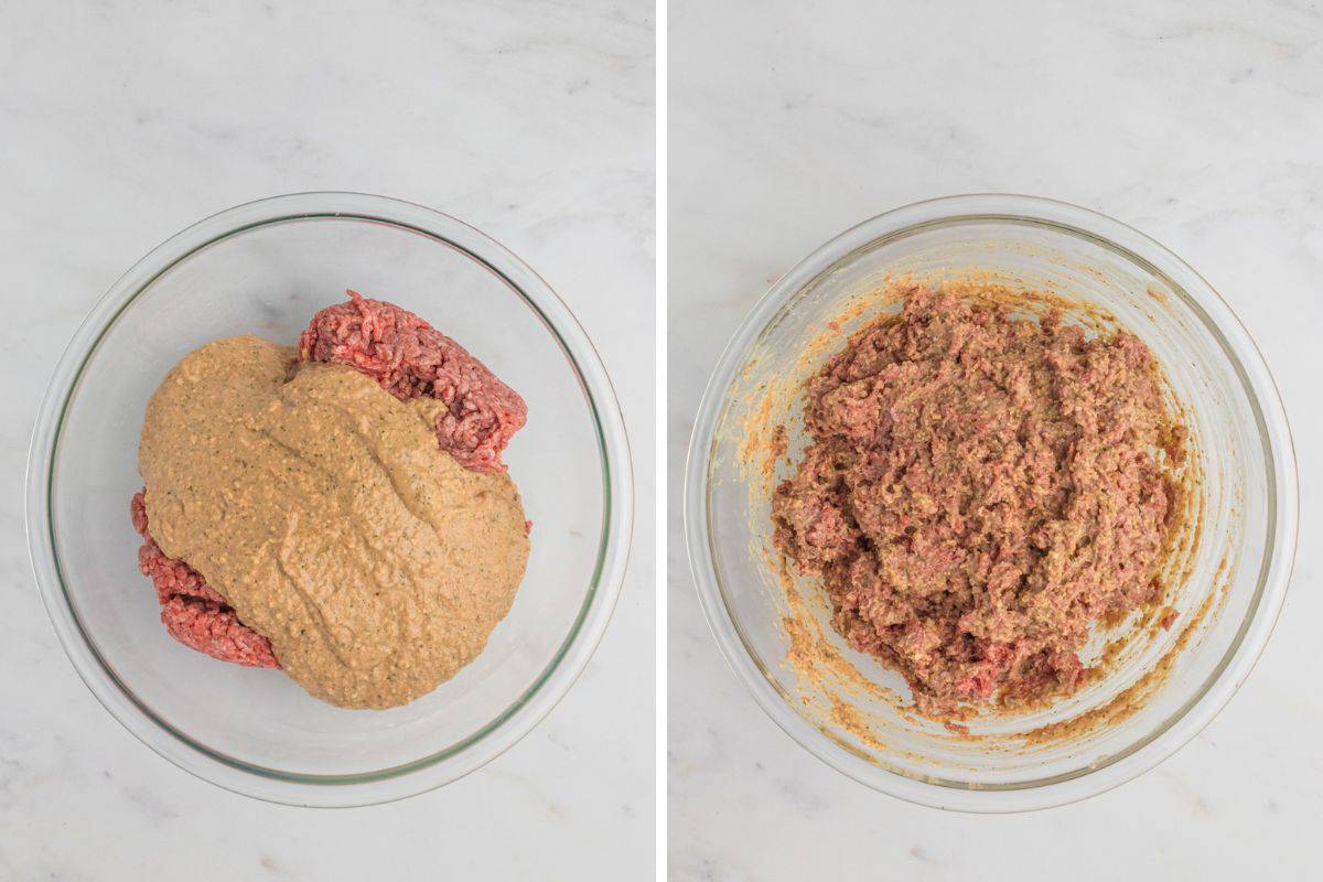Ground beef and onion soup mixture before and after being combined in a large bowl.