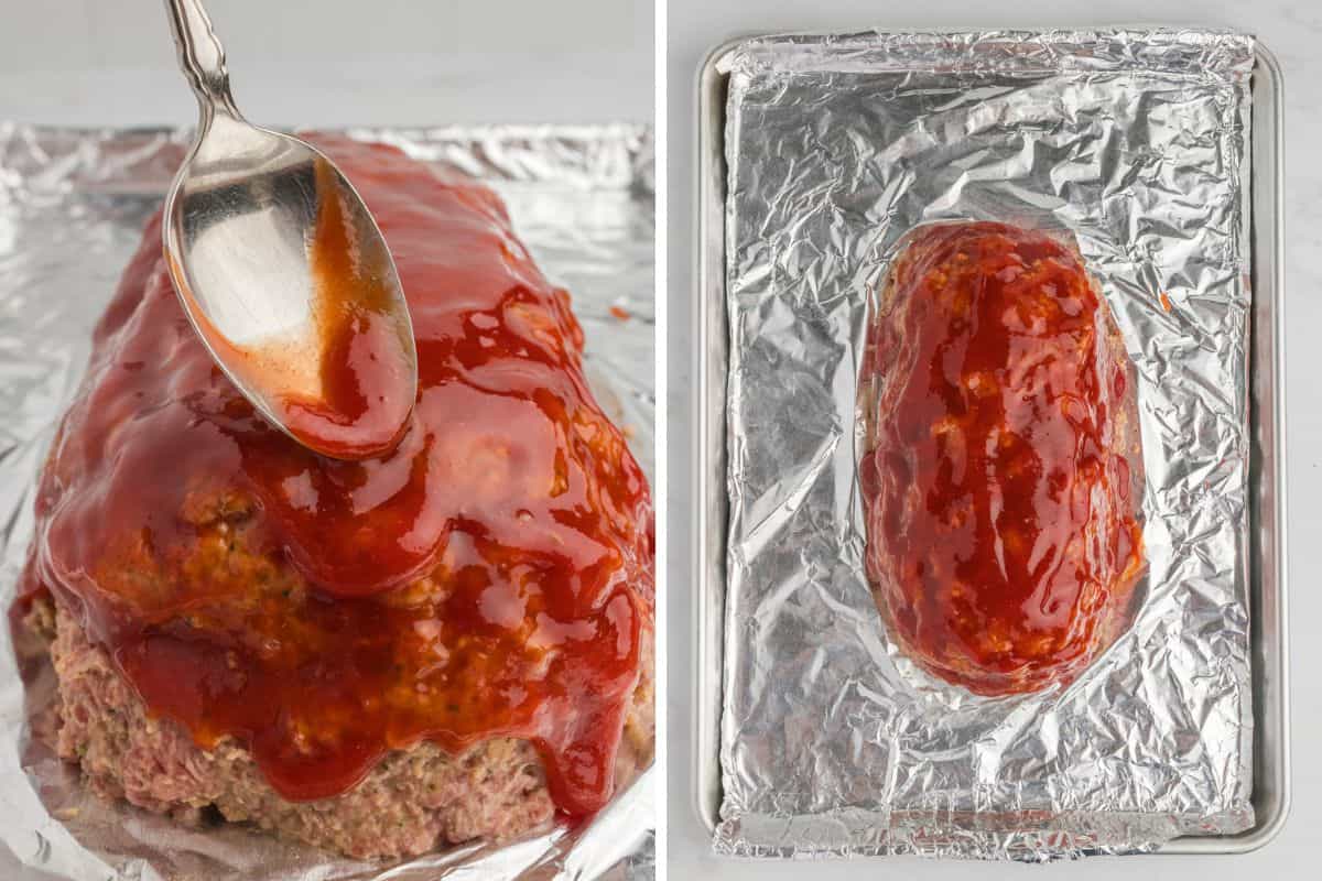 Spoon pouring glazed over meatloaf on foil lined baking sheet.