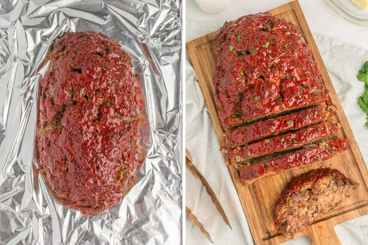 Glazed meatloaf on baking sheet after baking and meatloaf being sliced on cutting baord.