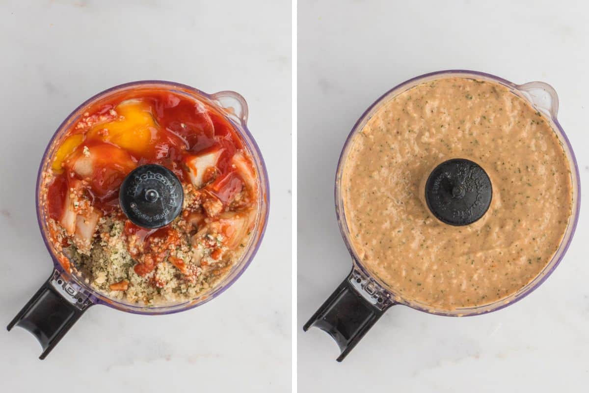 Ingredients in food processor before and after being combined.