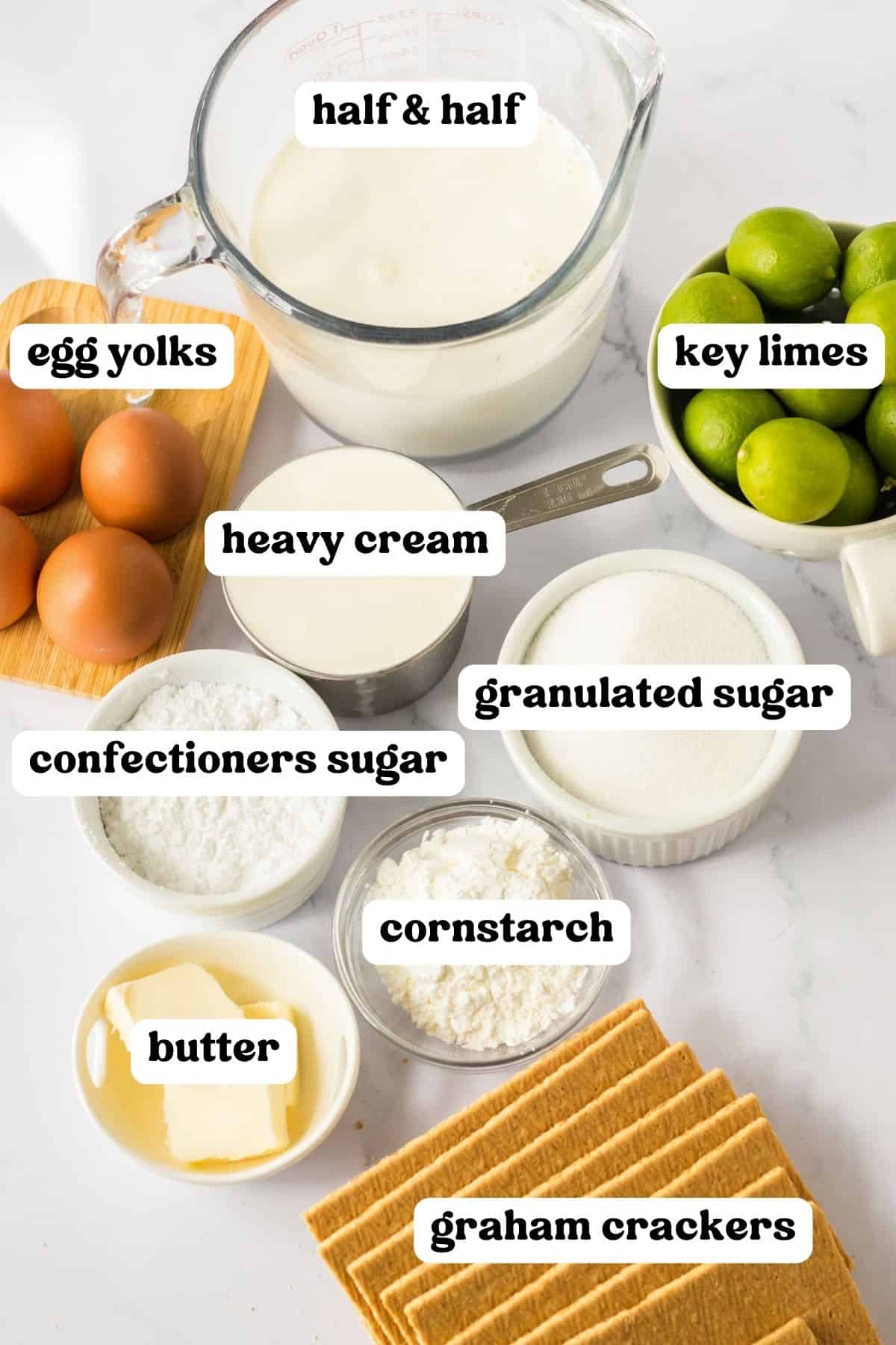 Ingredients for Key Lime Pudding Cake on coutertop.