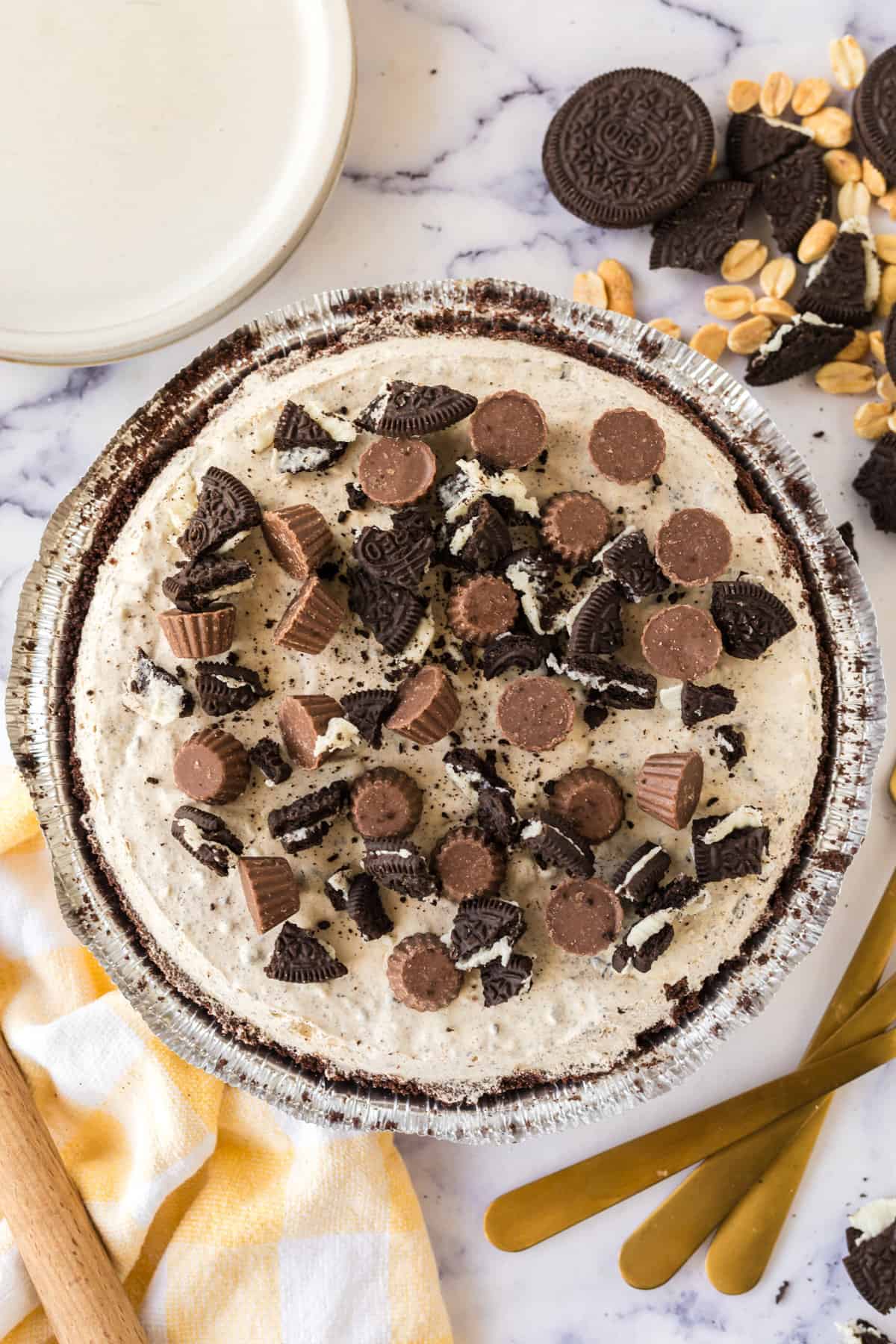 Frozen oreo chocolate peanut butter pie with bought oreo crust.