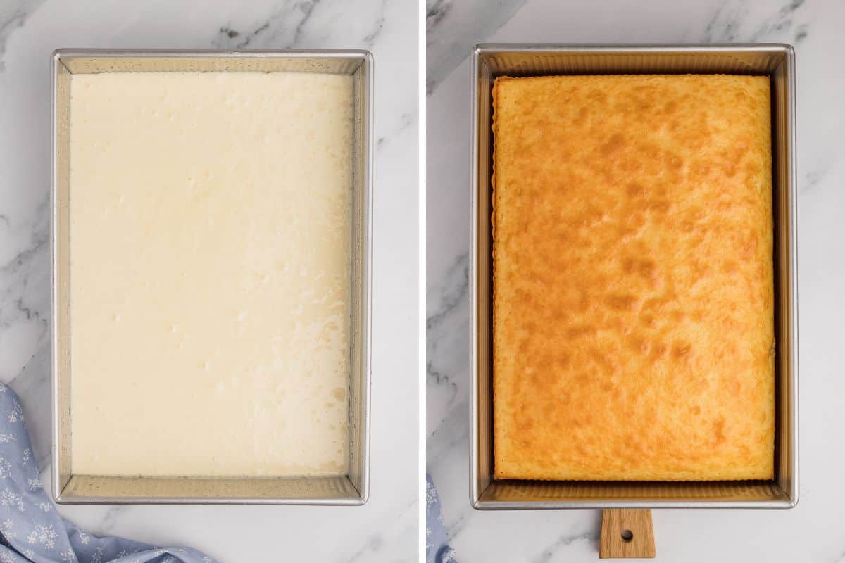 Side by side of cake batter in a 9x13 metal pan and of baked cake.
