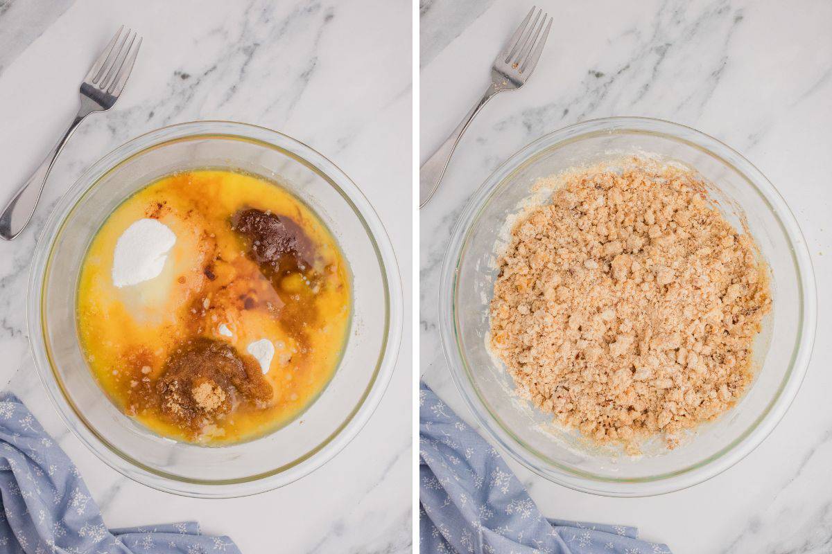 Side by side images of glass bowl with crumb topping ingredients before and after mixing.