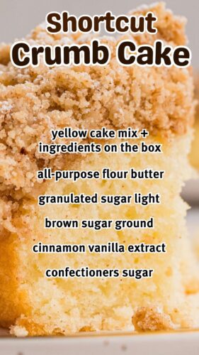 Pin, reads: Shortcut Crumb Cake with ingredients listed.