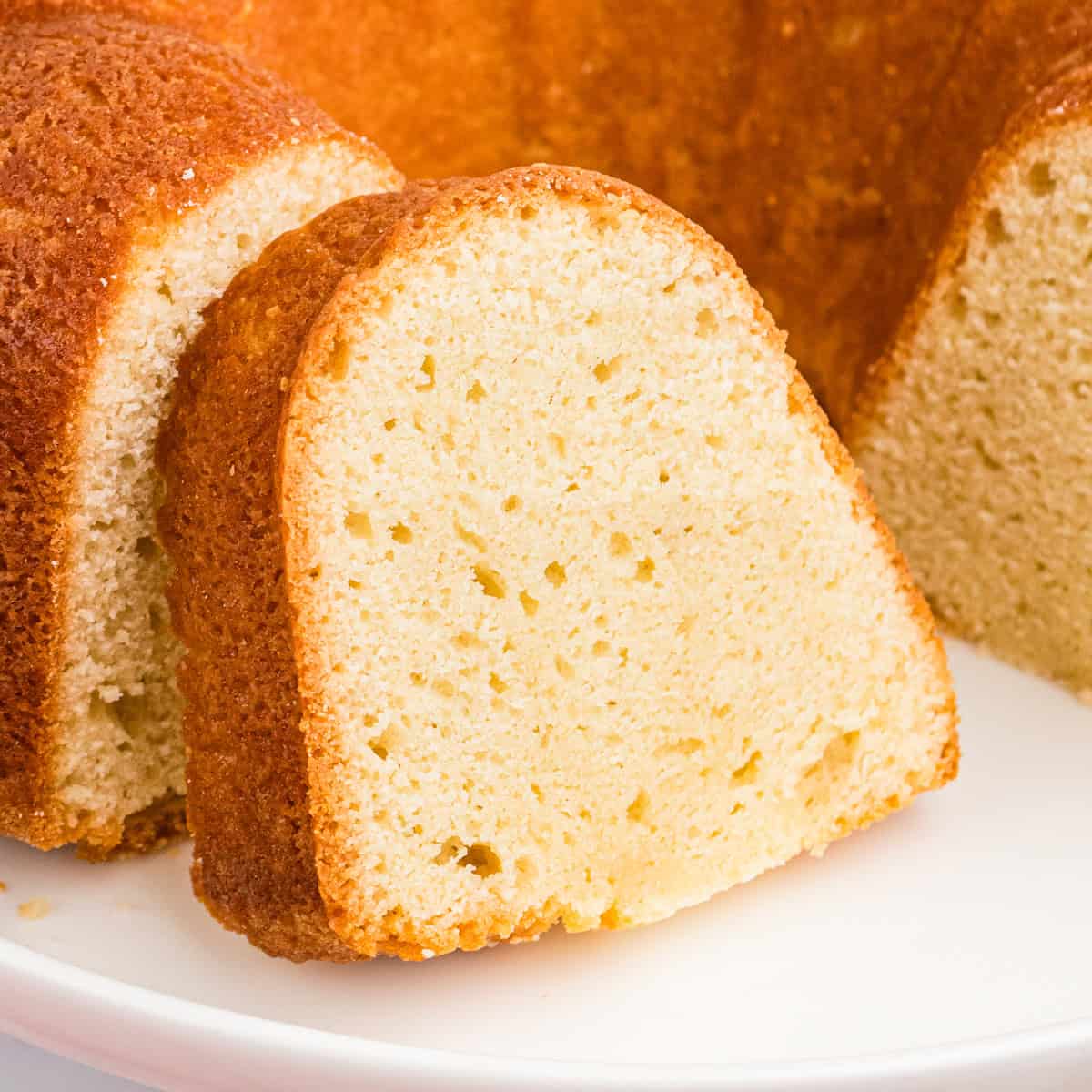 Sour cream pound cake slice with moist crumb.