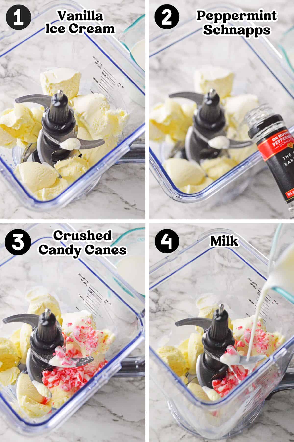 Four-step process of making a boozy peppermint milkshake, featuring a blender with vanilla ice cream in step 1, adding peppermint schnapps in step 2, crushed candy canes in step 3, and milk being poured in step 4.