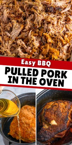 Collage of pulled pork and preparation steps with bold text reading "Easy BBQ Pulled Pork in the Oven."