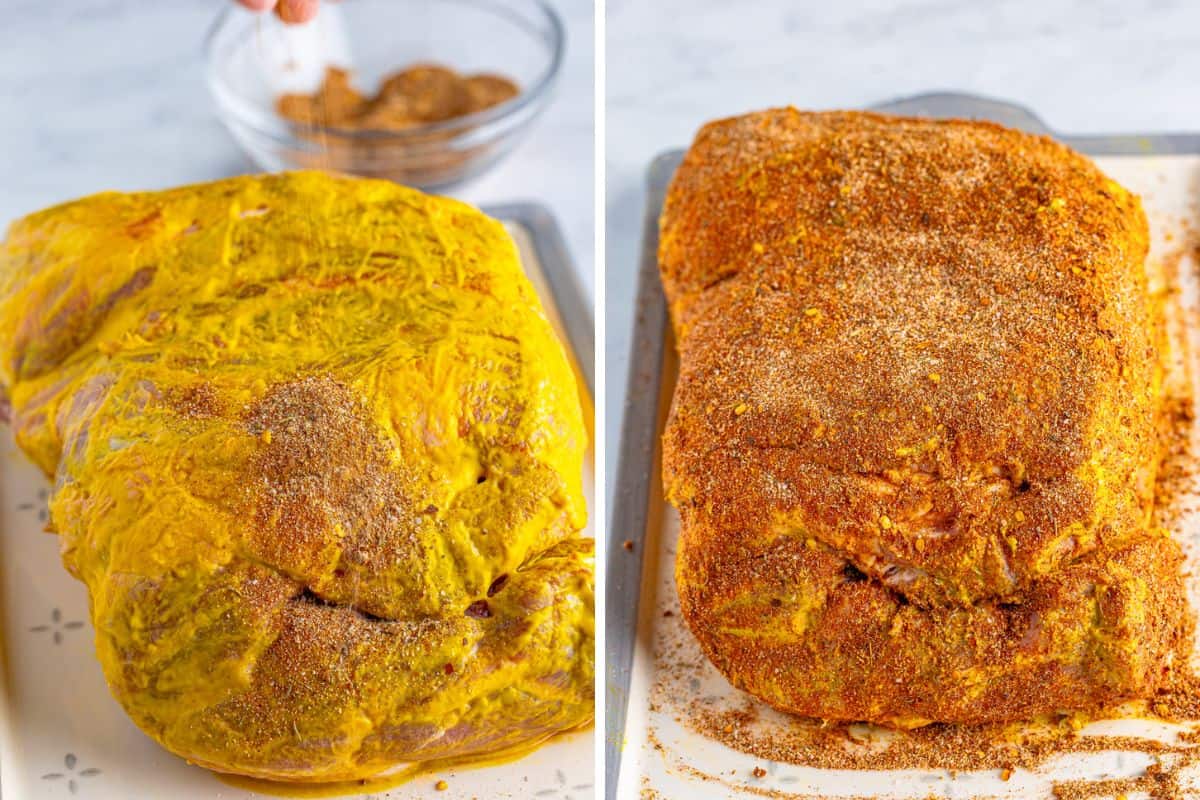 A side-by-side image showing a mustard-coated pork shoulder being sprinkled with spice rub on the left and the fully seasoned pork shoulder on the right, resting on a tray.