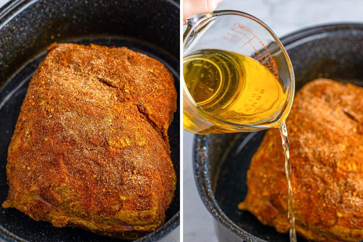 A side-by-side image showing a seasoned pork shoulder resting in a black roasting pan on the left, and liquid being poured into the pan from a glass measuring cup on the right.
