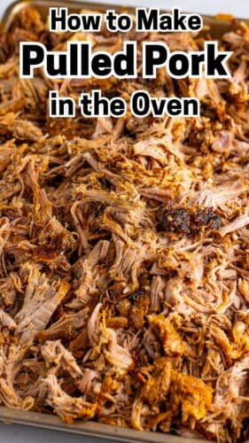 Close-up of shredded pulled pork with browned and crispy edges on a tray, with bold text that reads "How to Make Pulled Pork in the Oven" overlayed at the top.