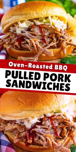 Pulled pork sandwiches on toasted buns, each filled with shredded pork, coleslaw, and BBQ sauce. Text reads “Oven-Roasted BBQ Pulled Pork Sandwiches.”
