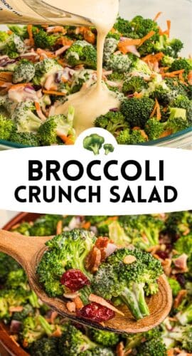 A collage pin featuring broccoli crunch salad with dressing being poured and a close-up spoonful.