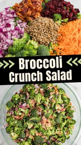 A collage pin showing salad ingredients and a bowl of finished broccoli crunch salad.