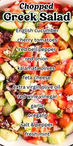A collage pin featuring a close-up of a vibrant chopped Greek salad. Over the image, text lists the ingredients: "English cucumber, cherry tomatoes, red bell pepper, red onion, kalamata olives, feta cheese, extra virgin olive oil, red wine vinegar, garlic, oregano, salt & pepper, fresh mint."