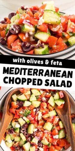 A collage pin labeled "Mediterranean Chopped Salad" with olives and feta.