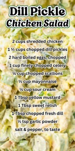 A close-up of dill pickle chicken salad with a recipe ingredient list overlay.
