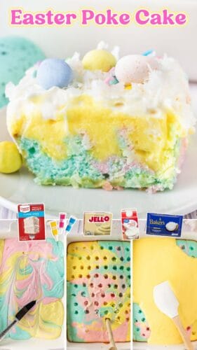 A collage pin featuring an Easter pudding poke cake with step-by-step images and ingredients.
