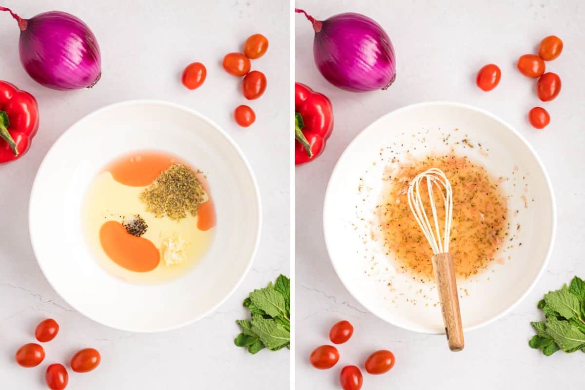 A two-panel image showing Greek salad dressing ingredients before and after whisking.