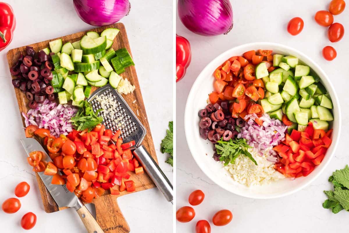 A two-panel image showing chopped Greek salad ingredients on a cutting board and then mixed in a bowl.