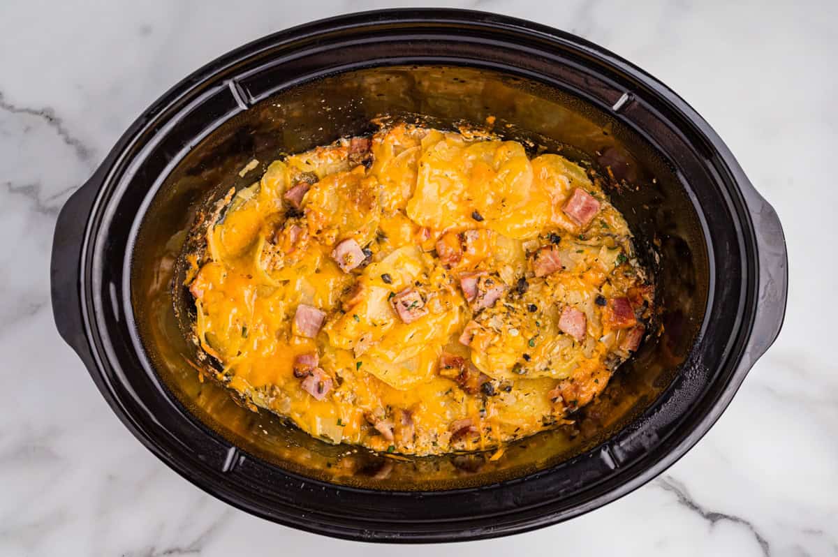 A slow cooker filled with scalloped potatoes, diced ham, and melted cheddar cheese.