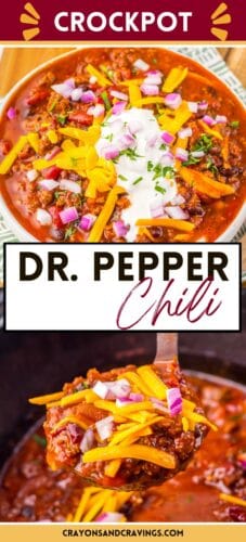 Collage pin with chili in a bowl and a ladle, labeled “Crockpot Dr. Pepper Chili.”