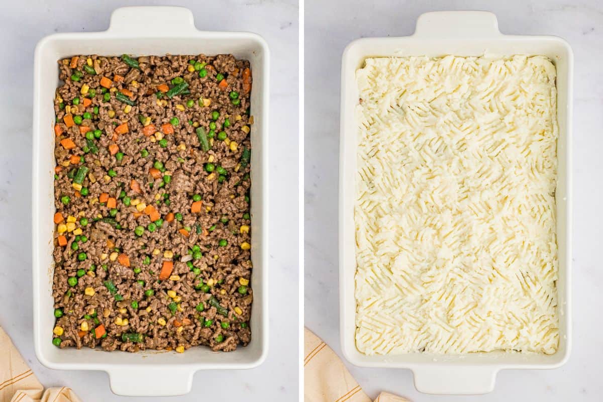 A white casserole dish with cooked ground beef and vegetables on the left and mashed potatoes spread on top on the right.
