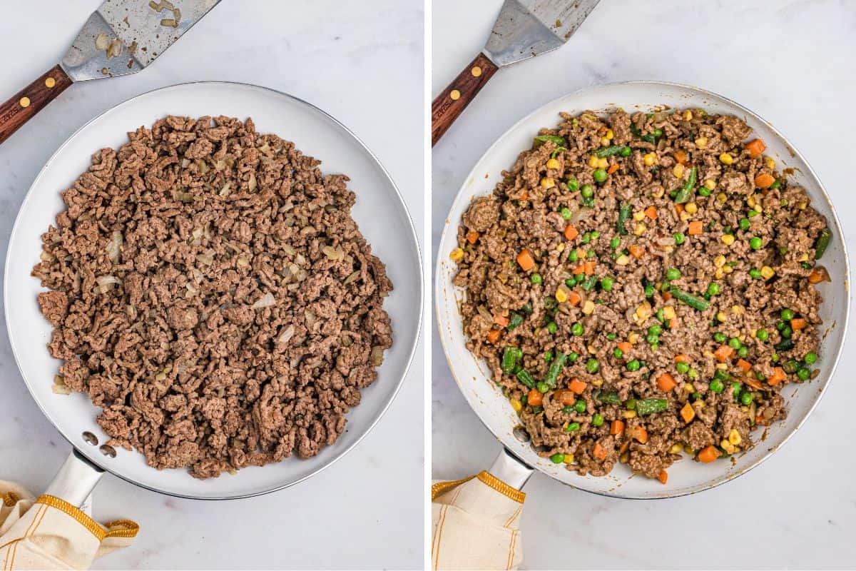 A two-step cooking process showing a large skillet with browned ground beef and sautéed onions on the left, and the same mixture with peas, carrots, corn, and green beans mixed in on the right.