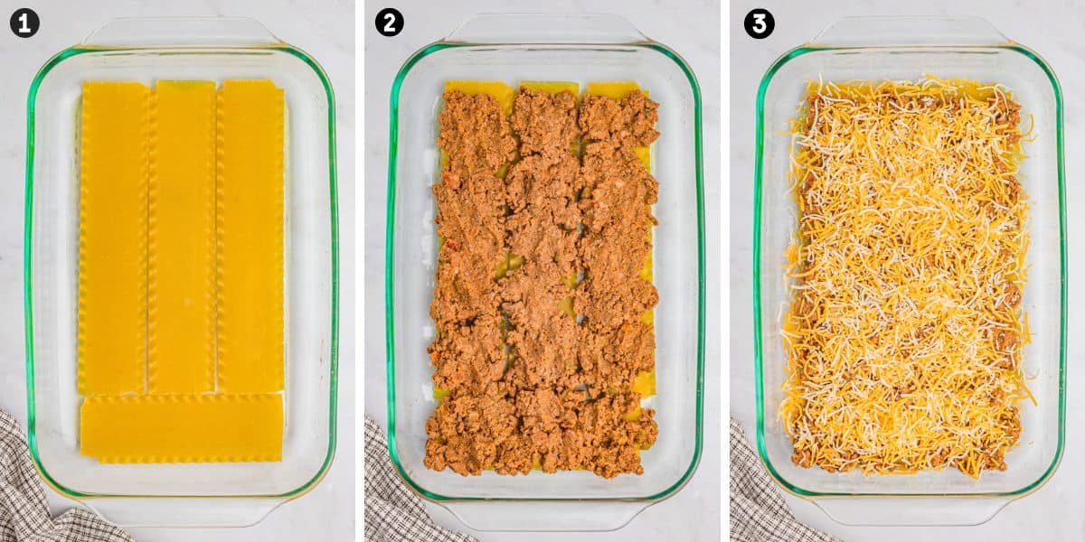 Three-step collage showing the layering process of taco lasagna with noodles, meat, and cheese.