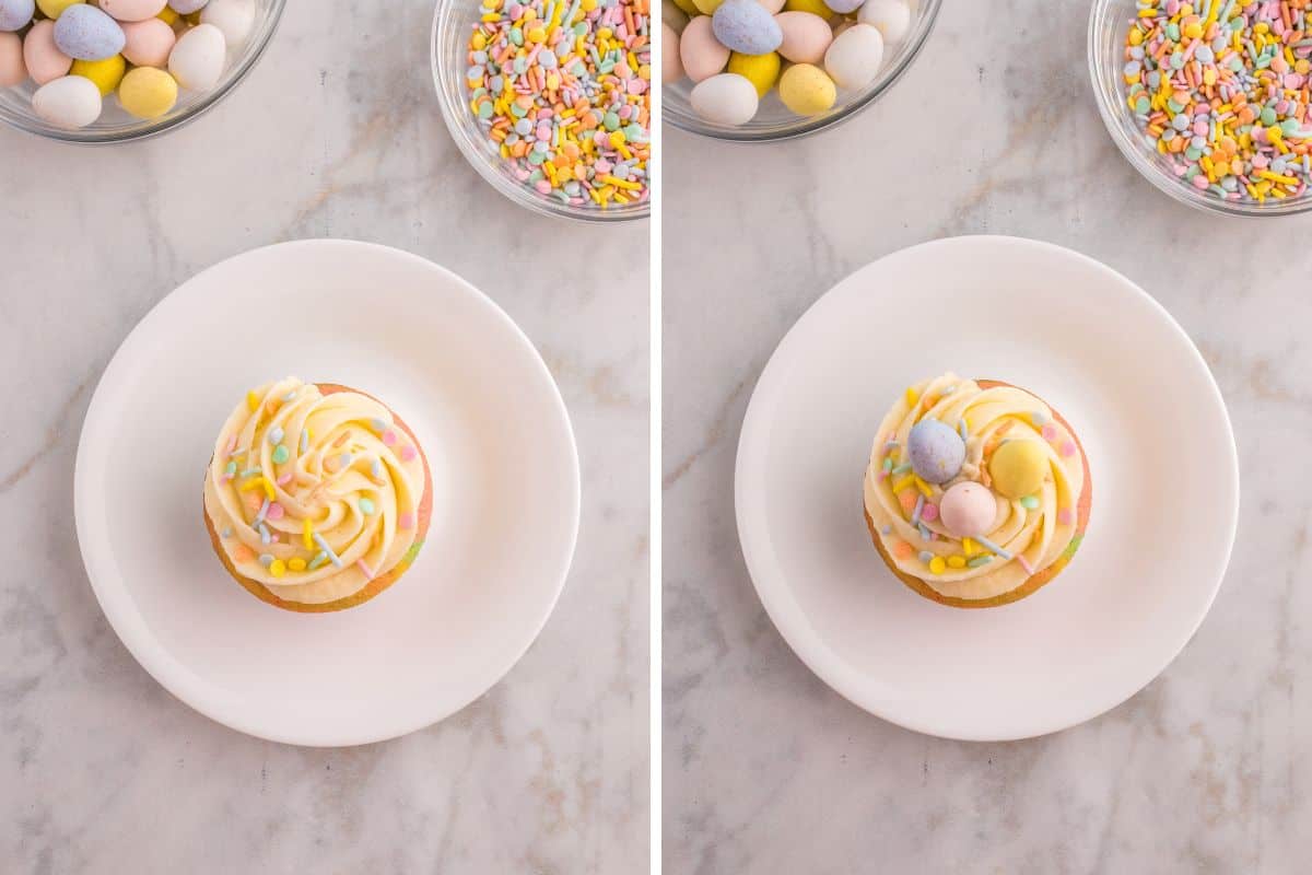 A pastel swirl cupcake decorated with sprinkles and mini eggs.