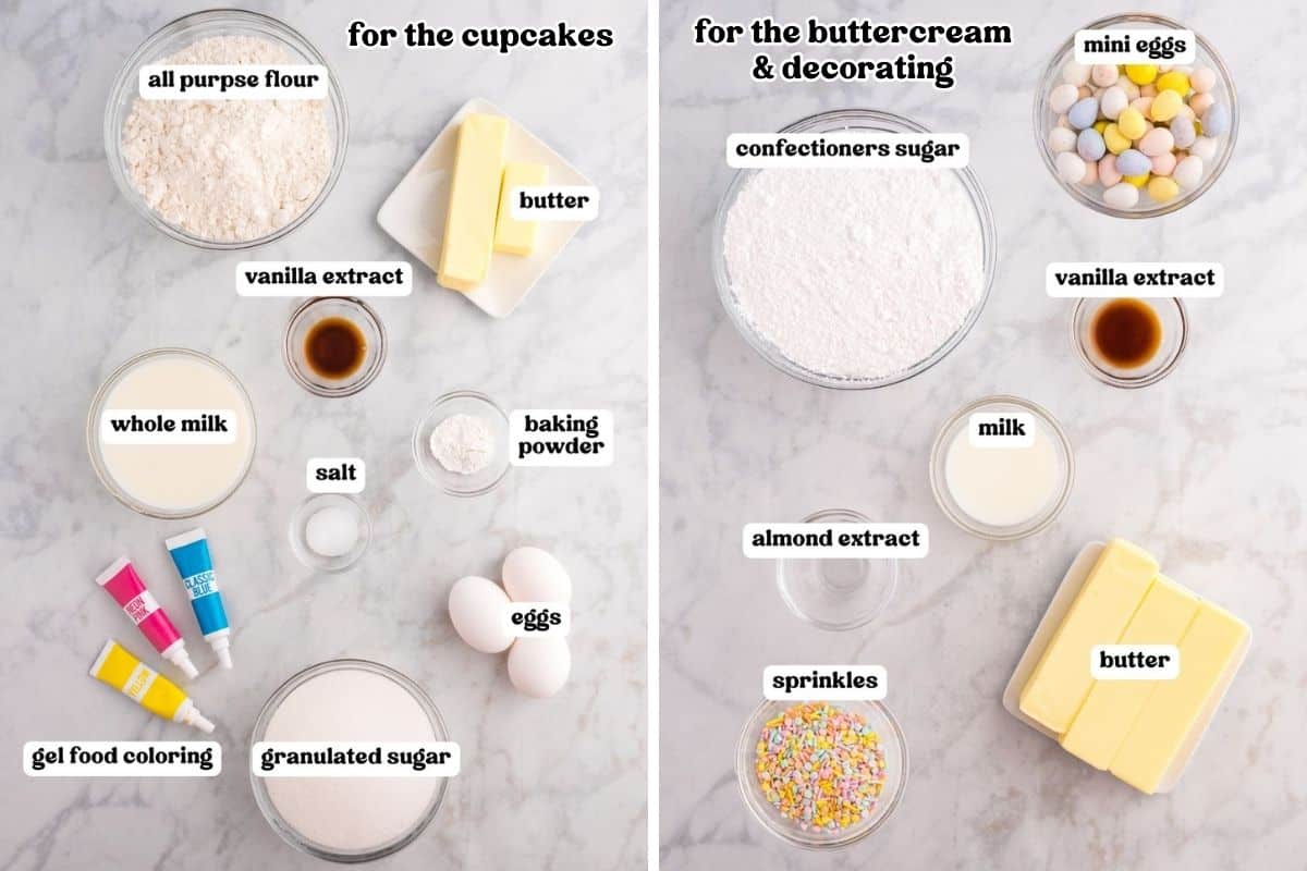 Ingredients for cupcakes and frosting, divided into two sections. The left side shows labeled ingredients for cupcakes, including flour, sugar, eggs, butter, milk, baking powder, vanilla extract, salt, and blue, yellow, pink gel food coloring. The right side displays frosting ingredients: confectioners' sugar, butter, milk, vanilla extract, almond extract, sprinkles, and mini chocolate eggs.