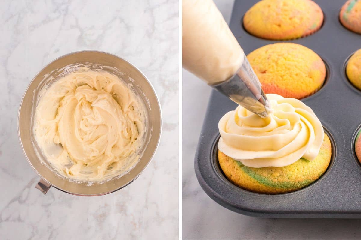 Buttercream frosting preparation and piping onto a cupcake.