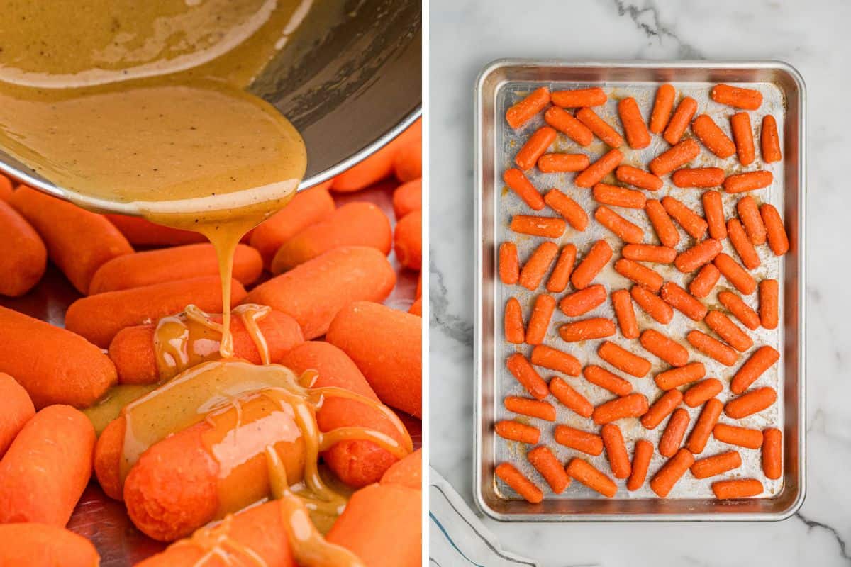 On the left, a thick golden-brown glaze made of brown sugar, butter, and honey is being poured from a metal bowl onto a pile of baby carrots. The glaze is smooth and glossy. On the right, a baking sheet lined with baby carrots, evenly spread out and coated with the glaze.