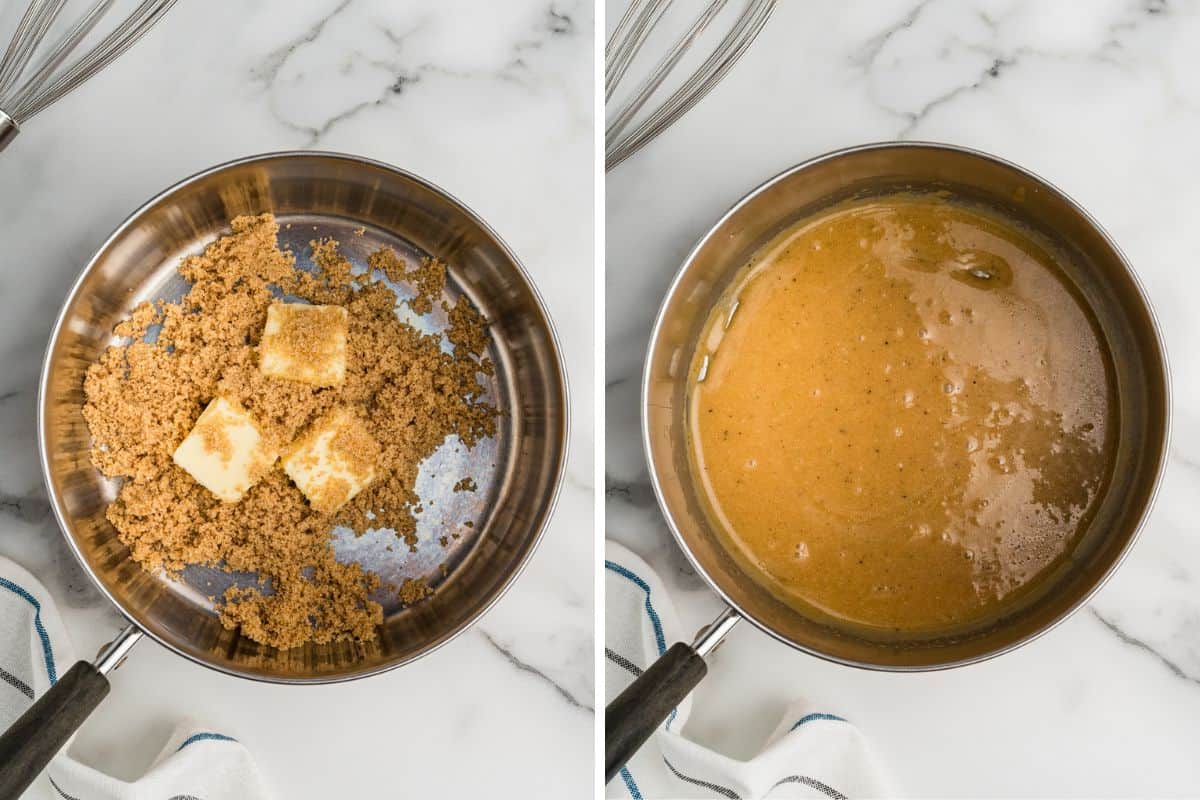 A side-by-side view of a saucepan with butter and brown sugar before and after melting into a smooth, rich, golden-brown glaze.