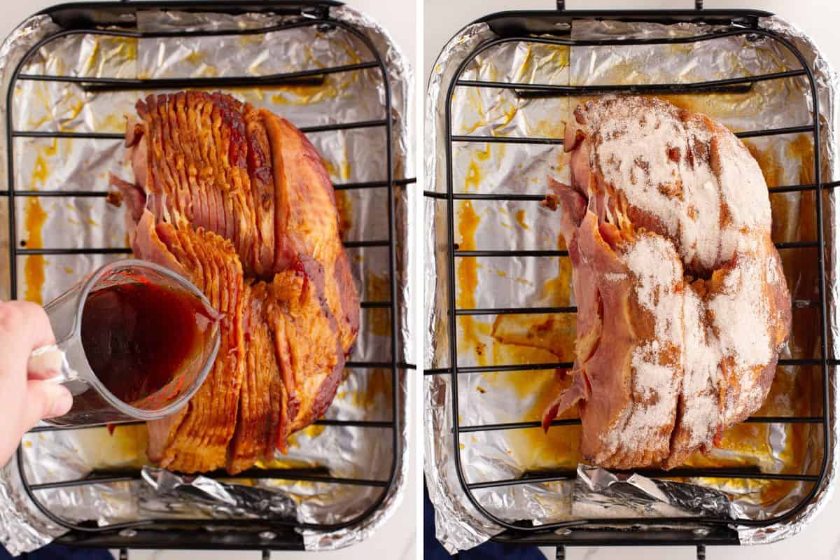 On the left, pan drippings are poured over cooked spiral ham in a roasting pan. On the right, the same ham is covered with a sugar spice rub.