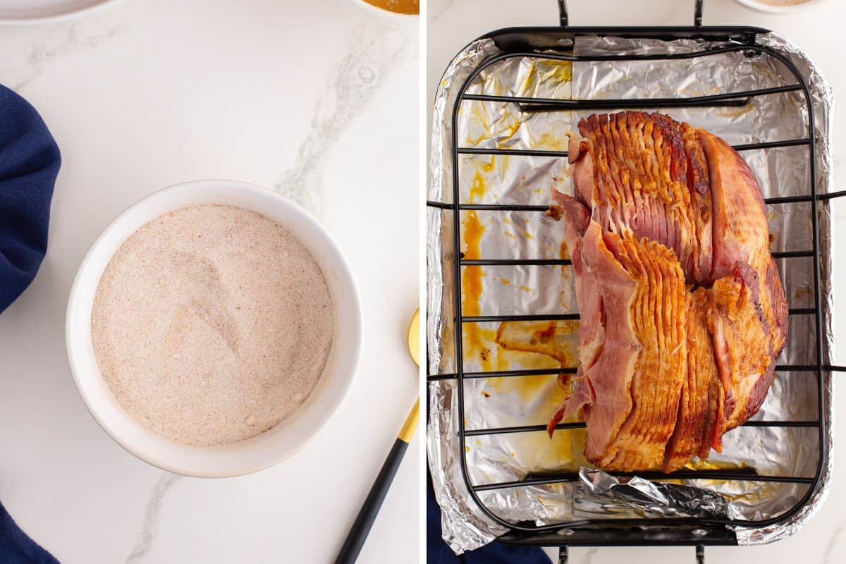 On the left, the finely blended sugar spice rub in a small bowl. On the right, a cooked spiral ham rests in a foil-lined roasting pan with visible pan drippings beneath it, ready for seasoning.