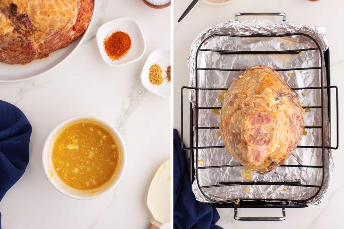 Honey butter glaze on the left, unglazed ham in roasting pan with rack on the right.