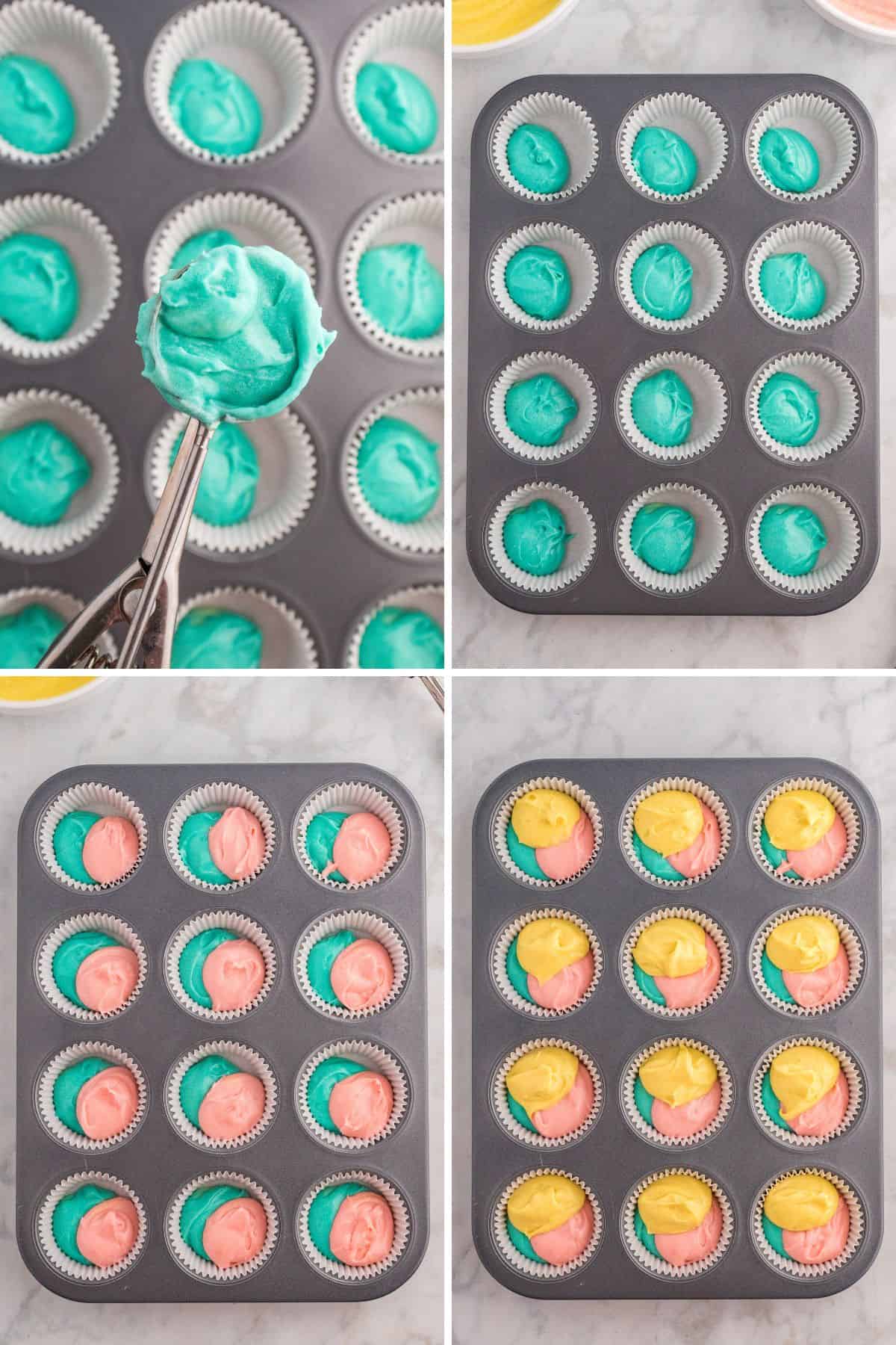 Four images showing the process of filling cupcake liners in a muffin pan with colorful batter. The first shows a cookie scoop filled with bright blue batter. The second shows the blue batter in the bottom of the cupcake liners. The third shows pink batter being added alongside the blue. The final image features yellow batter completing the tri-color swirl effect.