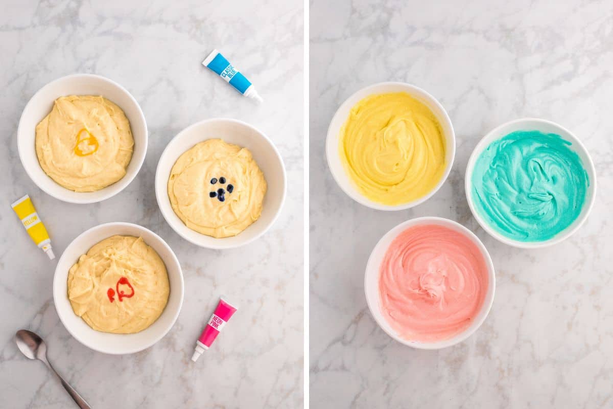 Two images showing bowls of cupcake batter being colored. The left image shows three bowls of plain batter with drops of yellow, pink, and blue food coloring. The right image presents the mixed pastel batters in yellow, pink, and blue, ready to be used.