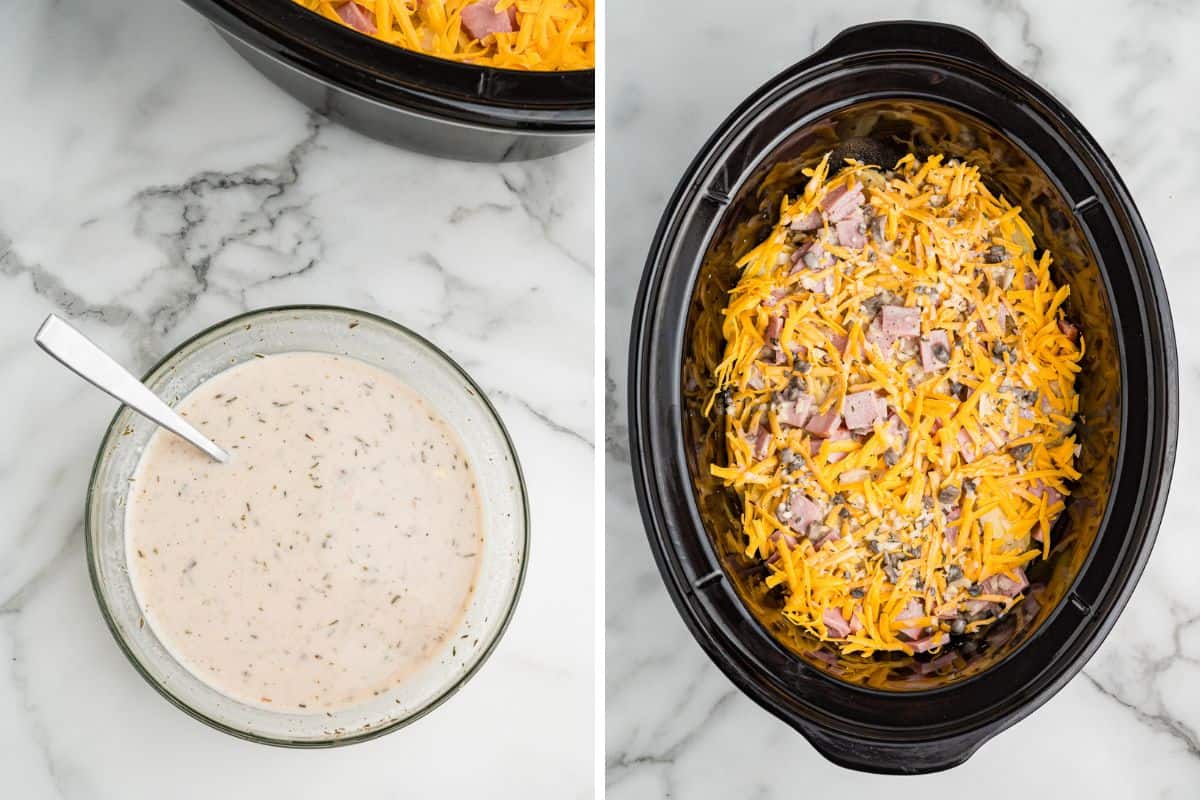 A split image showing a bowl of creamy white sauce with herbs and a spoon on the left, and the sauce poured over the potatoes, ham, and cheese in the crockpot on the right.