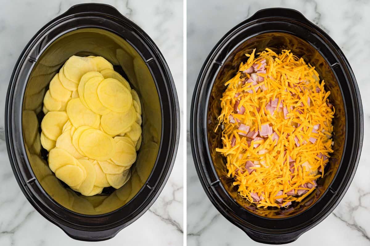 A 2-image collage of a slow cooker: the left side shows thinly sliced raw potatoes layered inside, and the right side shows the same slow cooker filled with shredded cheddar cheese and diced ham.