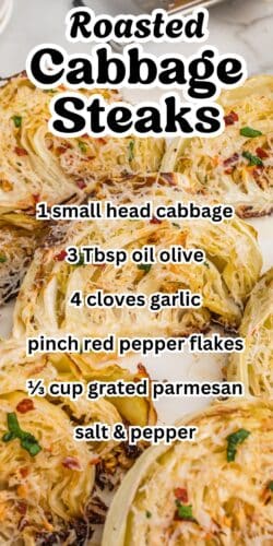Pin labeled "Roasted Cabbage Steaks," featuring close-up images of roasted cabbage wedges sprinkled with parmesan cheese, parsley, and red pepper flakes, accompanied by ingredient text overlay.