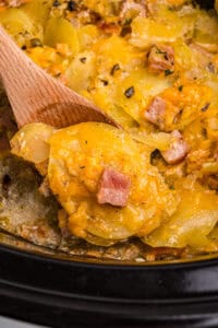 A spoon lifting a portion of cheesy scalloped potatoes and ham from a slow cooker, showing layers of tender potatoes, creamy cheese sauce, and browned ham.