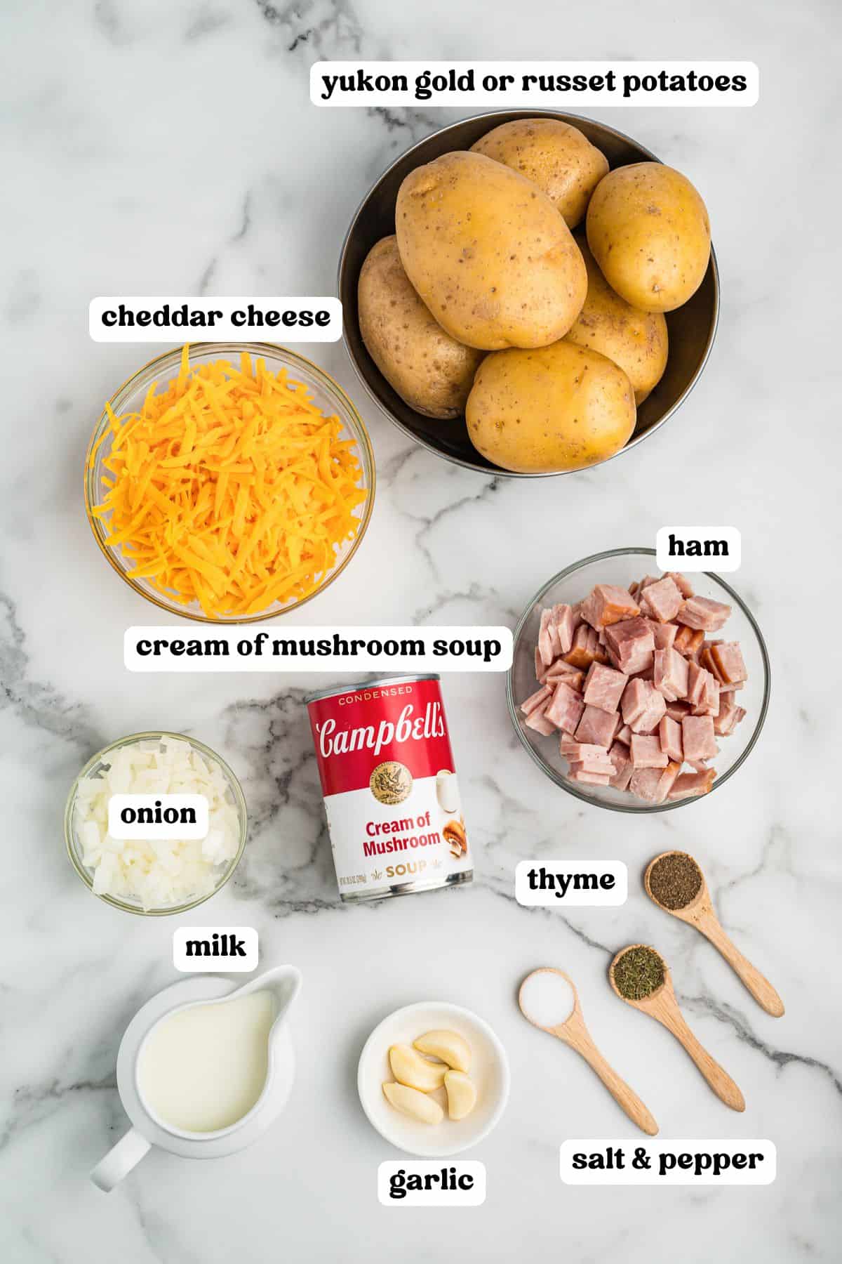 top-down view of labeled ingredients for scalloped potatoes and ham, including Yukon Gold or Russet potatoes, shredded cheddar cheese, diced ham, a can of cream of mushroom soup, chopped onions, milk, garlic cloves, and wooden spoons filled with thyme, salt, and pepper.